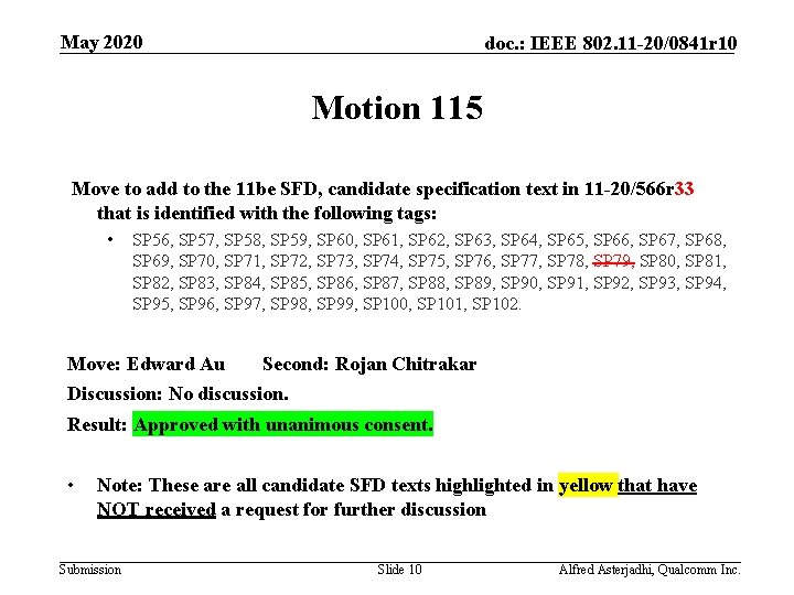 May 2020 doc. : IEEE 802. 11 -20/0841 r 10 Motion 115 Move to