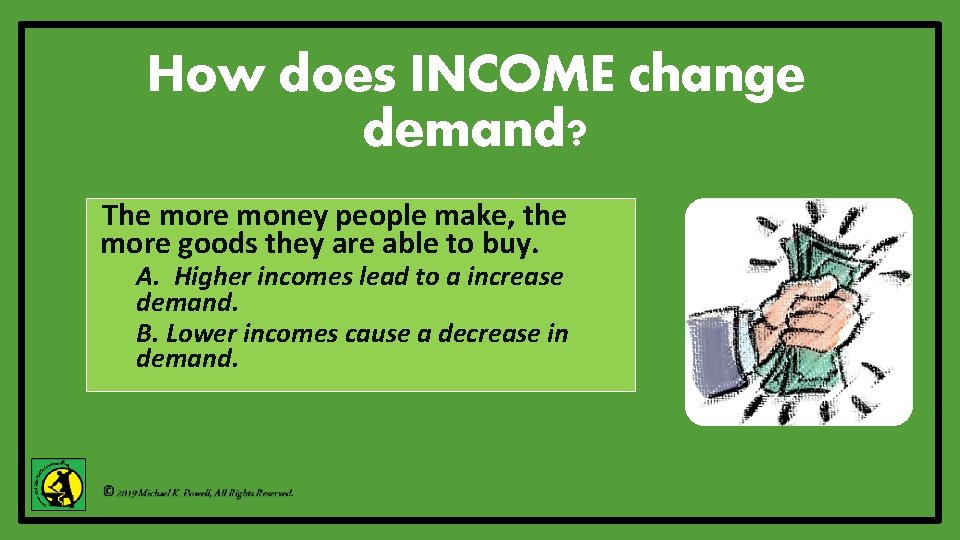 How does INCOME change demand? The more money people make, the more goods they