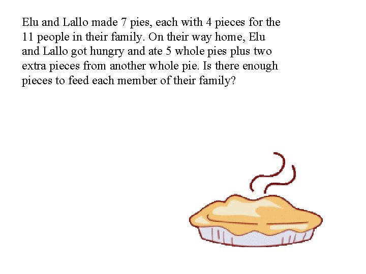 Elu and Lallo made 7 pies, each with 4 pieces for the 11 people