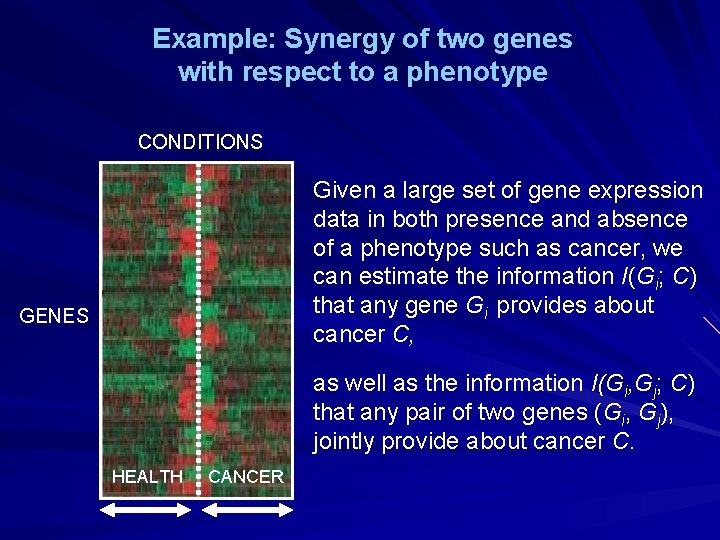 Example: Synergy of two genes with respect to a phenotype CONDITIONS Given a large