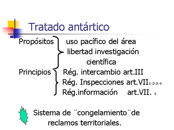 Tratado antártico Propósitos uso pacífico del área libertad investigación científica Principios Rég. intercambio art.