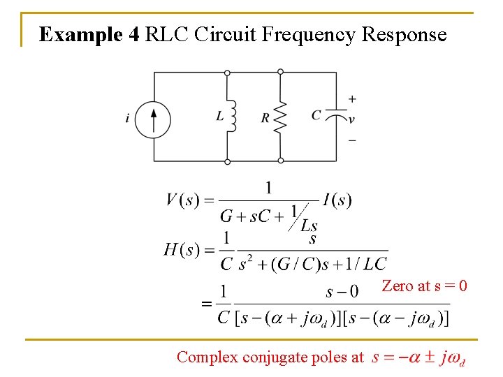 Example 4 RLC Circuit Frequency Response Zero at s = 0 Complex conjugate poles
