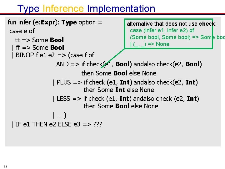 Type Inference Implementation fun infer (e: Expr): Type option = alternative that does not