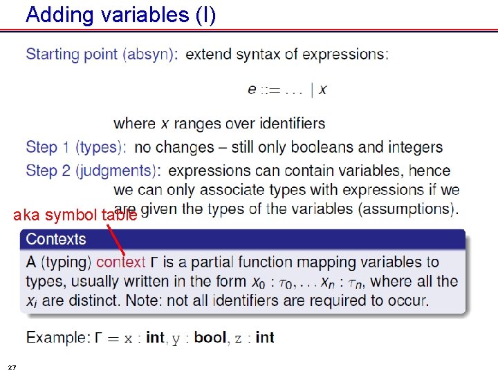 Adding variables (I) aka symbol table 27 