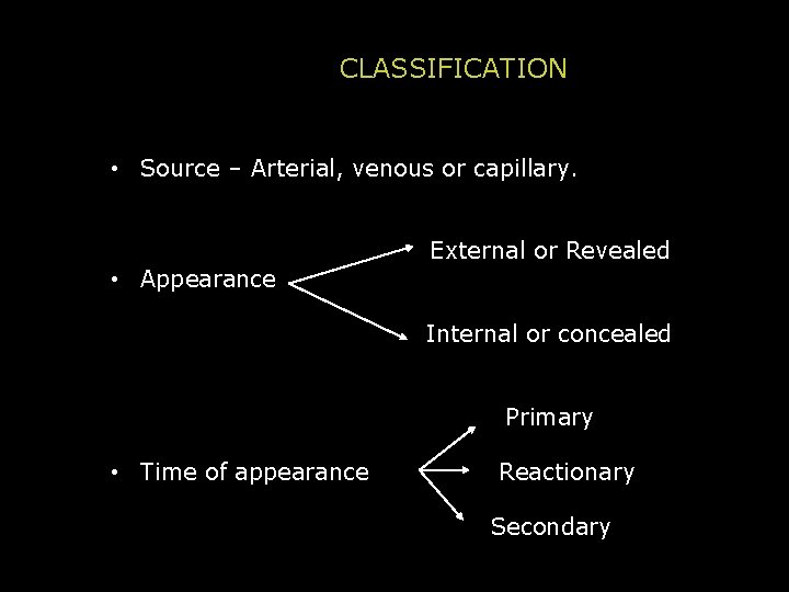CLASSIFICATION • Source – Arterial, venous or capillary. • Appearance External or Revealed Internal