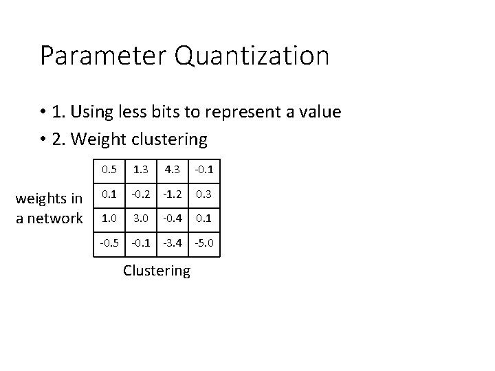 Parameter Quantization • 1. Using less bits to represent a value • 2. Weight