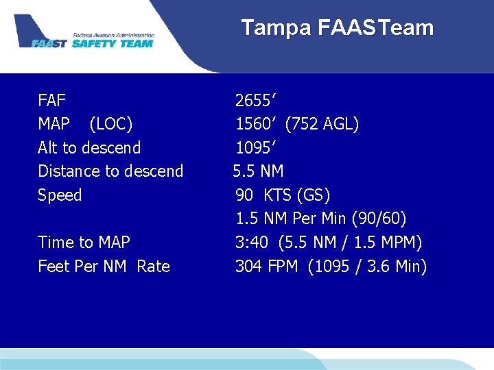 Tampa FAASTeam FAF 2655’ MAP (LOC) 1560’ (752 AGL) Alt to descend 1095’ Distance