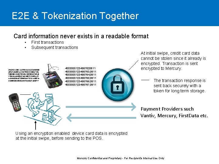 E 2 E & Tokenization Together Card information never exists in a readable format