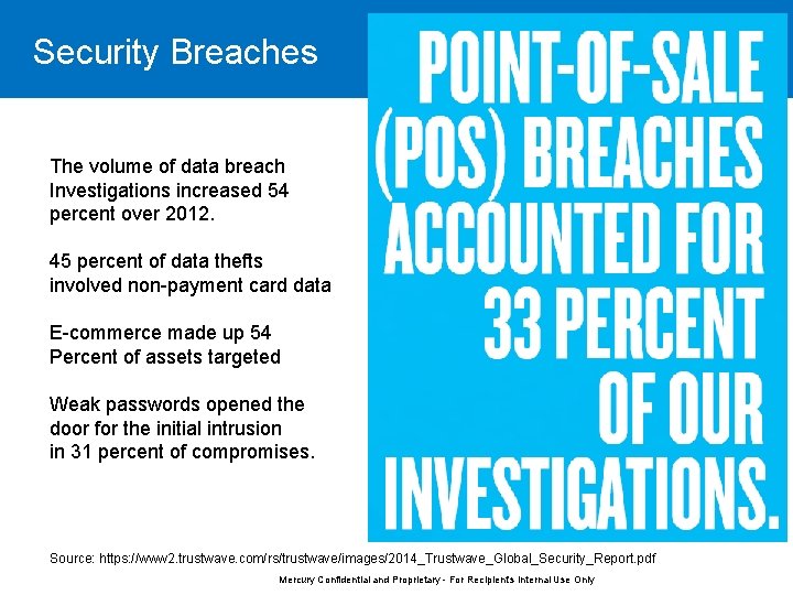 Security Breaches The volume of data breach Investigations increased 54 percent over 2012. 45