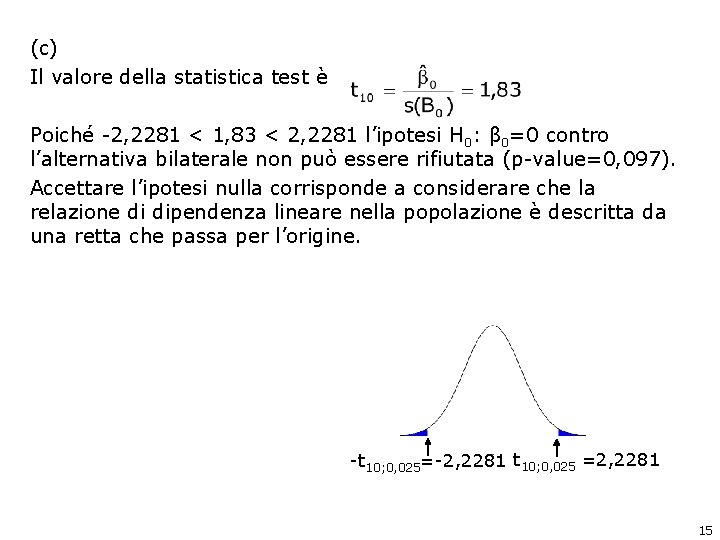 (c) Il valore della statistica test è Poiché -2, 2281 < 1, 83 <