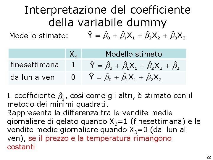 Interpretazione del coefficiente della variabile dummy Modello stimato: finesettimana X 3 1 da lun