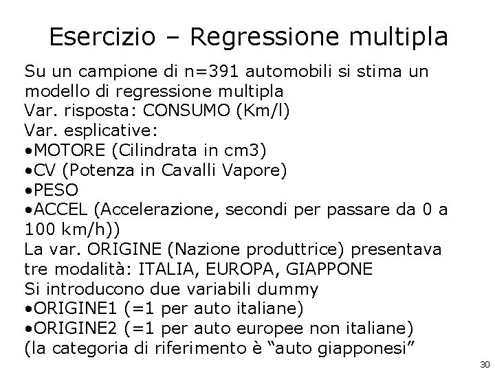 Esercizio – Regressione multipla Su un campione di n=391 automobili si stima un modello