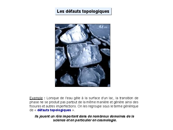 Les défauts topologiques Exemple : Lorsque de l’eau gèle à la surface d’un lac,