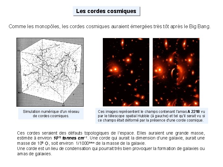 Les cordes cosmiques Comme les monopôles, les cordes cosmiques auraient émergées très tôt après