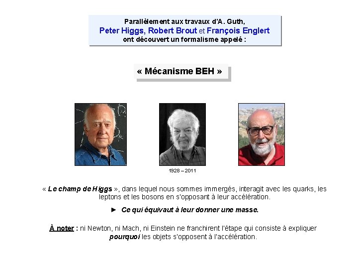 Parallèlement aux travaux d’A. Guth, Peter Higgs, Robert Brout et François Englert ont découvert