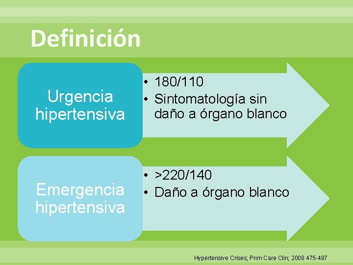 Definición Urgencia hipertensiva Emergencia hipertensiva • 180/110 • Sintomatología sin daño a órgano blanco