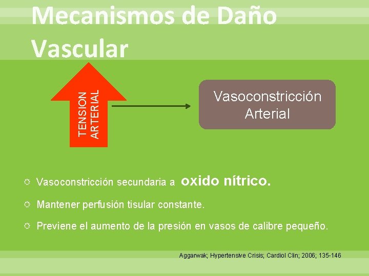 Mecanismos de Daño Vascular TENSION ARTERIAL Vasoconstricción Arterial Vasoconstricción secundaria a oxido nítrico. Mantener