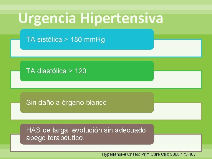 Urgencia Hipertensiva TA sistólica > 180 mm. Hg TA diastólica > 120 Sin daño