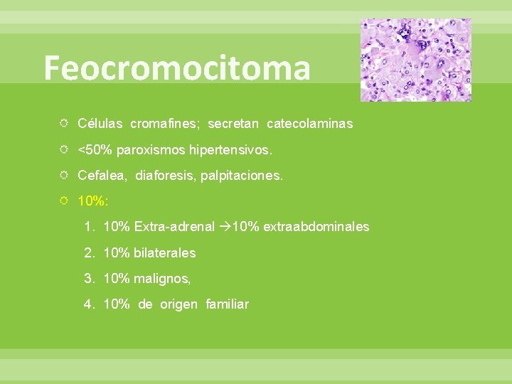 Feocromocitoma Células cromafines; secretan catecolaminas <50% paroxismos hipertensivos. Cefalea, diaforesis, palpitaciones. 10%: 1. 10%