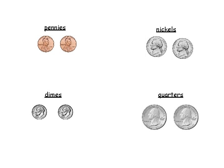 pennies nickels dimes quarters 