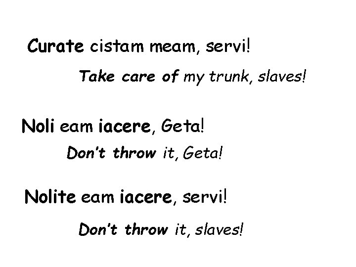 Curate cistam meam, servi! Take care of my trunk, slaves! Noli eam iacere, Geta!