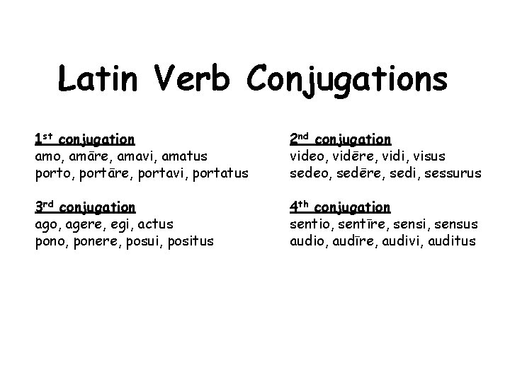 Latin Verb Conjugations 1 st conjugation amo, amāre, amavi, amatus porto, portāre, portavi, portatus
