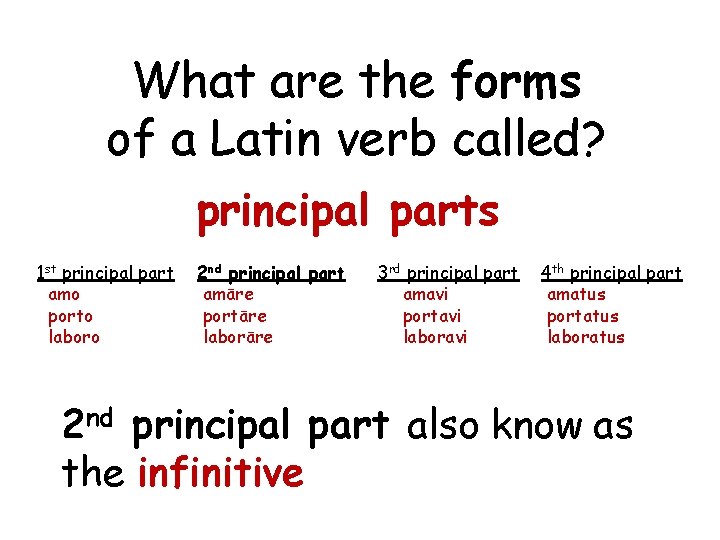 What are the forms of a Latin verb called? principal parts 1 st principal