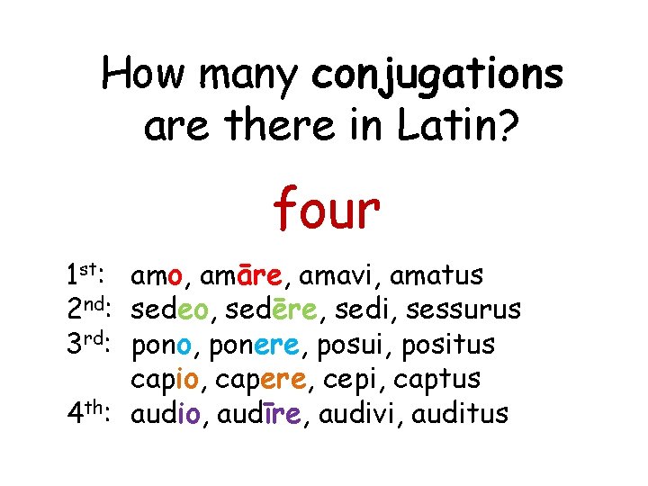 How many conjugations are there in Latin? four 1 st: amo, amāre, amavi, amatus