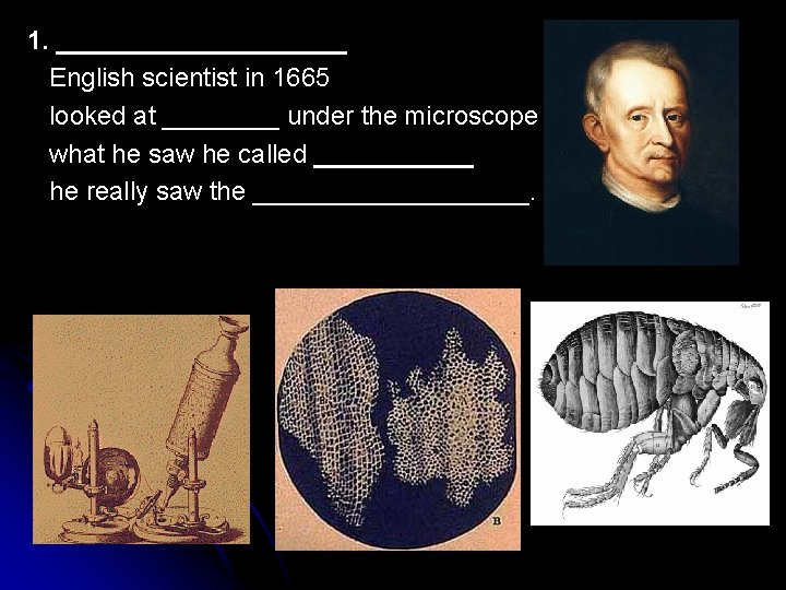 1. __________ English scientist in 1665 looked at ____ under the microscope what he