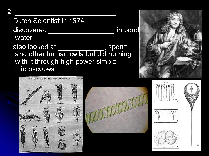 2. _____________ Dutch Scientist in 1674 discovered _________ in pond water also looked at