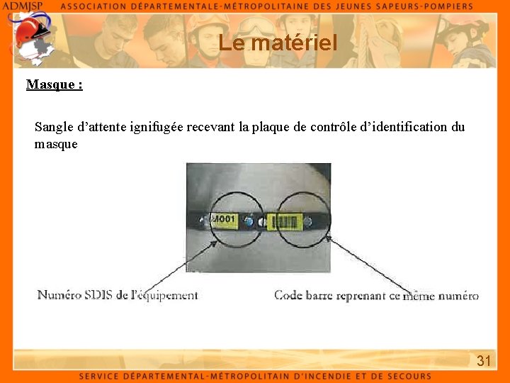 Le matériel Masque : Sangle d’attente ignifugée recevant la plaque de contrôle d’identification du