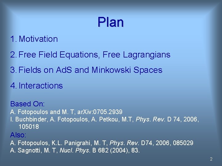 Plan 1. Motivation 2. Free Field Equations, Free Lagrangians 3. Fields on Ad. S