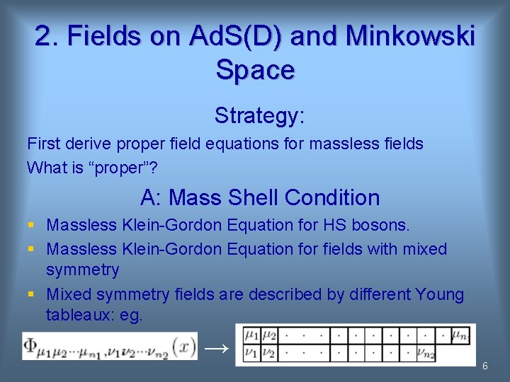 2. Fields on Ad. S(D) and Minkowski Space Strategy: First derive proper field equations