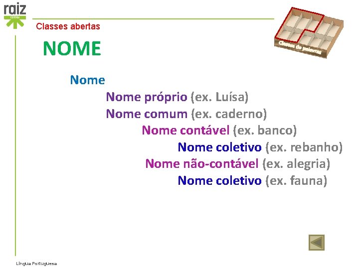 Classes abertas NOME Nome Língua Portuguesa Classe s de p alavra s Nome próprio