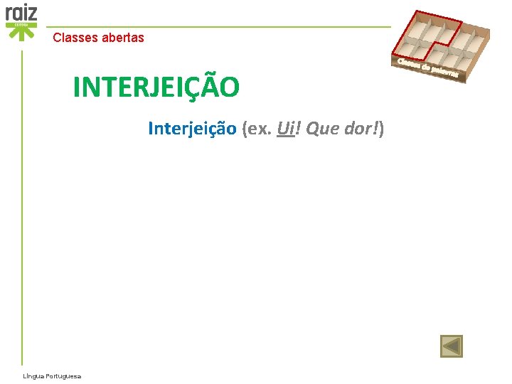 Classes abertas INTERJEIÇÃO Interjeição (ex. Ui! Que dor!) Língua Portuguesa Classe s de p