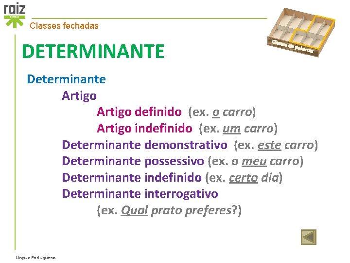 Classes fechadas DETERMINANTE Classe s de p alavra s Determinante Artigo definido (ex. o