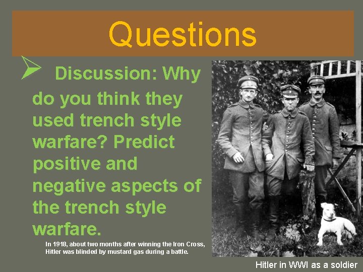 Questions Ø Discussion: Why do you think they used trench style warfare? Predict positive Questions Ø Discussion: Why do you think they used trench style warfare? Predict positive