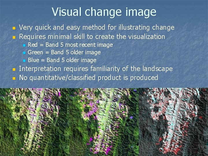 Visual change image n n Very quick and easy method for illustrating change Requires
