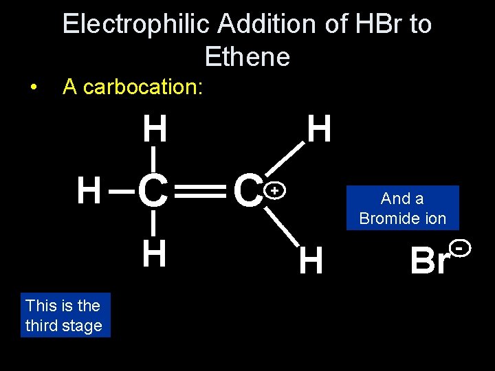 Electrophilic Addition of HBr to Ethene • A carbocation: H H _ H +