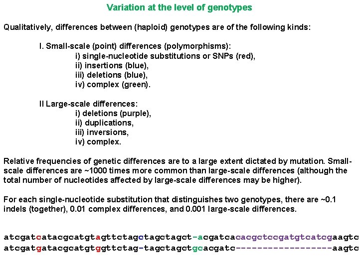 Variation at the level of genotypes Qualitatively, differences between (haploid) genotypes are of the