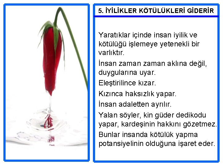 5. İYİLİKLER KÖTÜLÜKLERİ GİDERİR Yaratıklar içinde insan iyilik ve kötülüğü işlemeye yetenekli bir varlıktır.