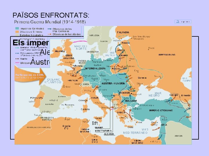 PAÏSOS ENFRONTATS: Els imperis centrals: Alemanya Àustro-Hongria Búlgaria Turquia Els aliats o “Entente” Rússia