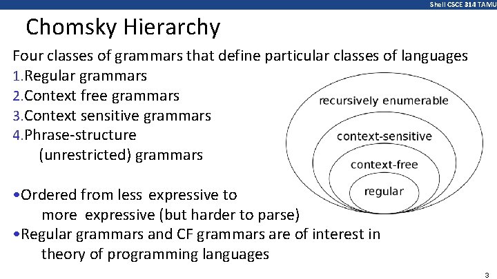 Shell CSCE 314 TAMU Chomsky Hierarchy Four classes of grammars that define particular classes
