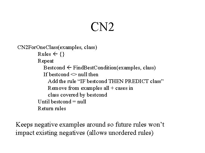 CN 2 For. One. Class(examples, class) Rules {} Repeat Bestcond Find. Best. Condition(examples, class)