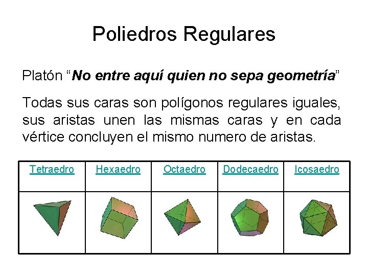 Poliedros Regulares Platón “No entre aquí quien no sepa geometría” Todas sus caras son