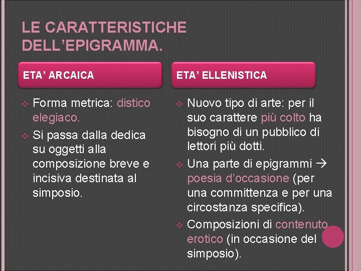 LE CARATTERISTICHE DELL’EPIGRAMMA. ETA’ ARCAICA ETA’ ELLENISTICA Forma metrica: distico elegiaco. v Si passa