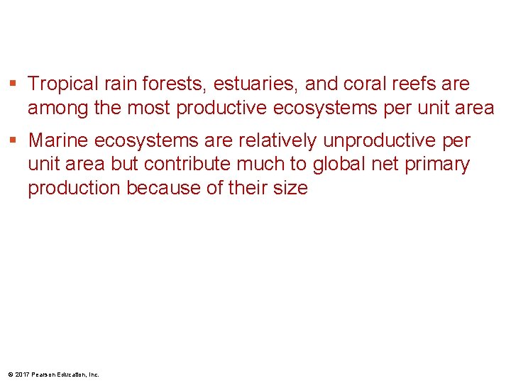 § Tropical rain forests, estuaries, and coral reefs are among the most productive ecosystems