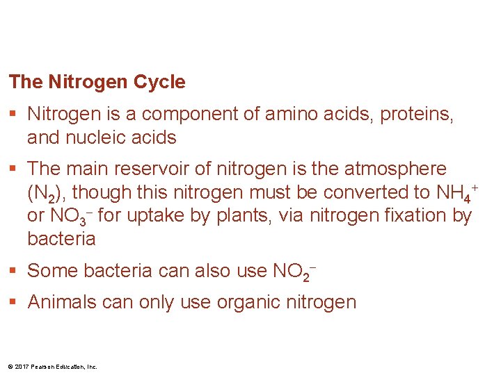 The Nitrogen Cycle § Nitrogen is a component of amino acids, proteins, and nucleic