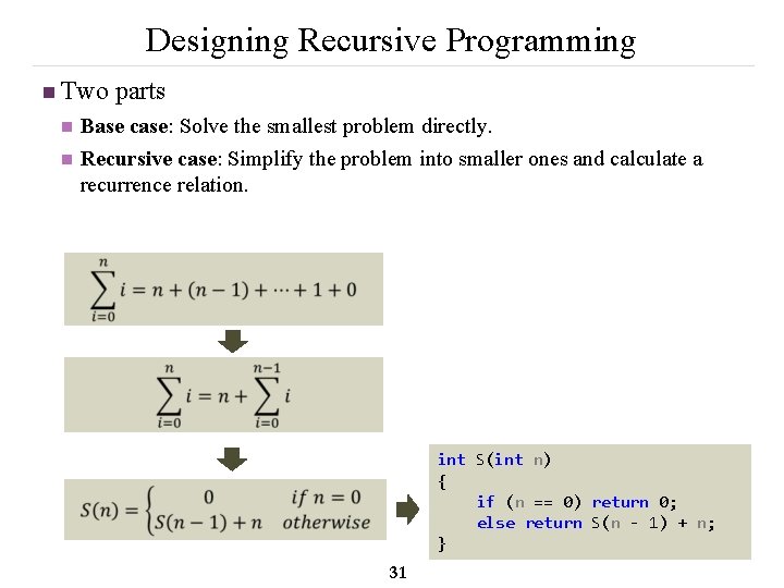 Designing Recursive Programming n Two parts n n Base case: Solve the smallest problem