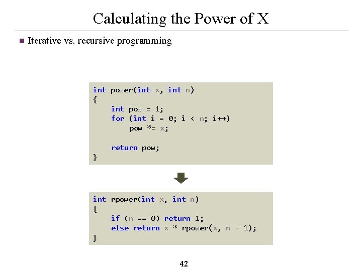 Calculating the Power of X n Iterative vs. recursive programming int power(int x, int